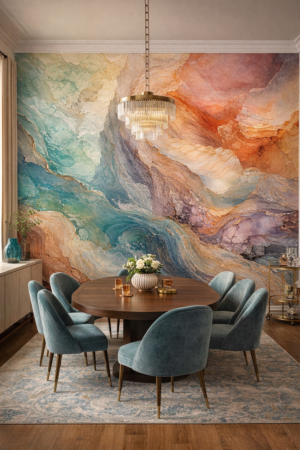 Art Deco emerald abstract mineral flow - Wall Mural Peel and Stick Wallpaper for Art Deco Formal Dining Room.