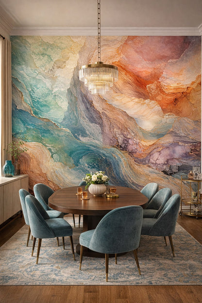 Art Deco emerald abstract mineral flow - Wall Mural Peel and Stick Wallpaper for Art Deco Formal Dining Room.