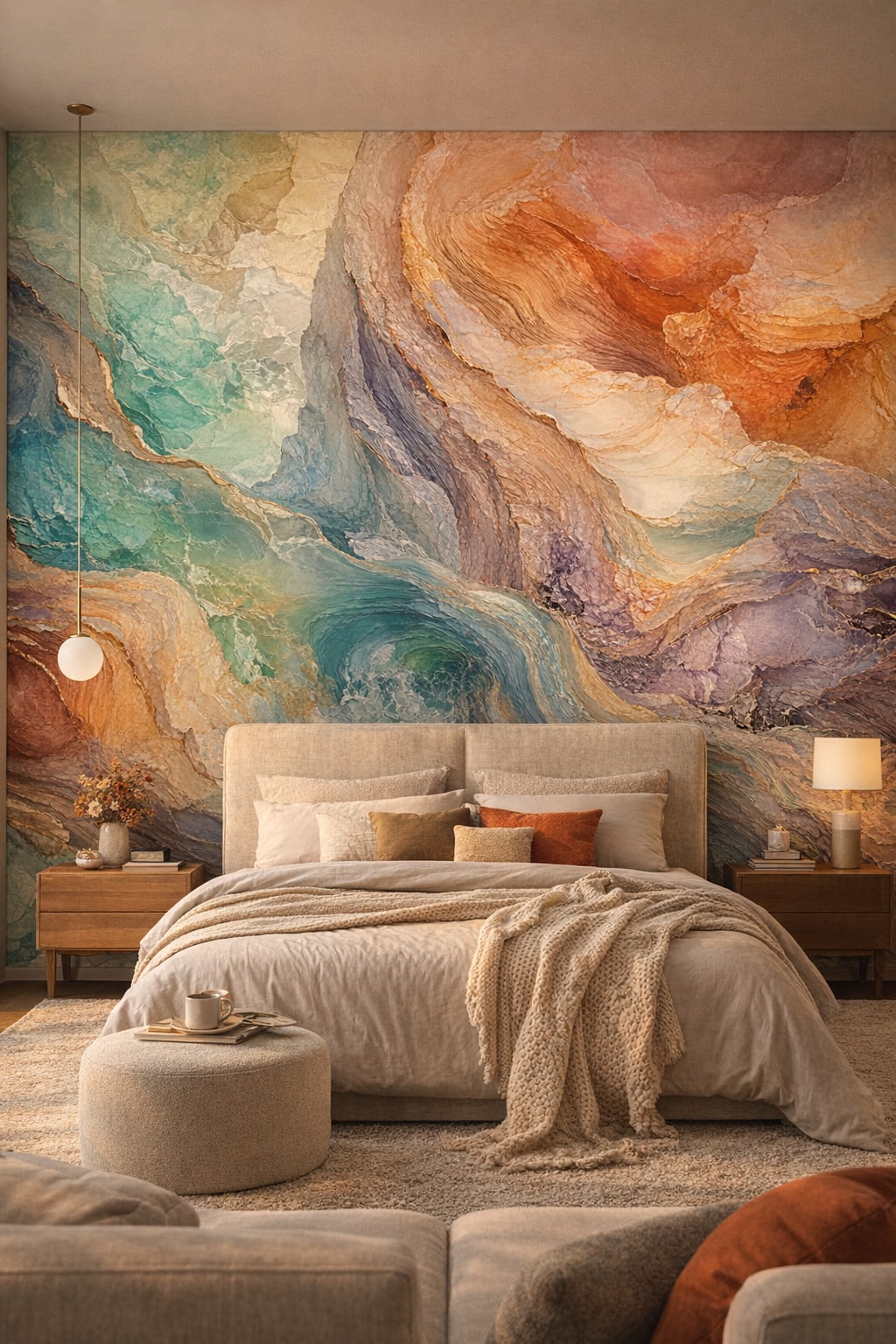 Cream olive abstract mineral flow - Wall Mural Peel and Stick Wallpaper for Organic Modern Master Bedroom.