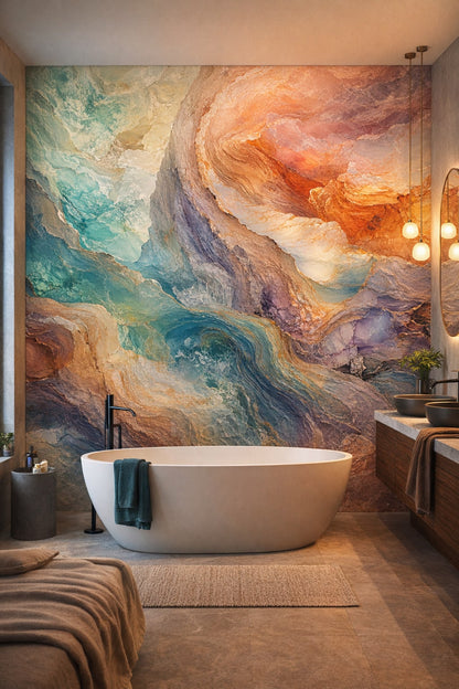 Black gray abstract mineral flow - Wall Mural Peel and Stick Wallpaper for High-tech Luxury Bathroom.