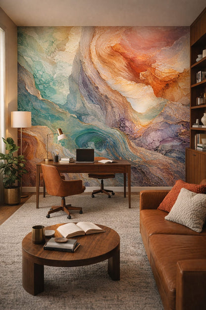 Mustard teak abstract mineral flow - Wall Mural Peel and Stick Wallpaper for Mid-century Modern Executive Home Office.