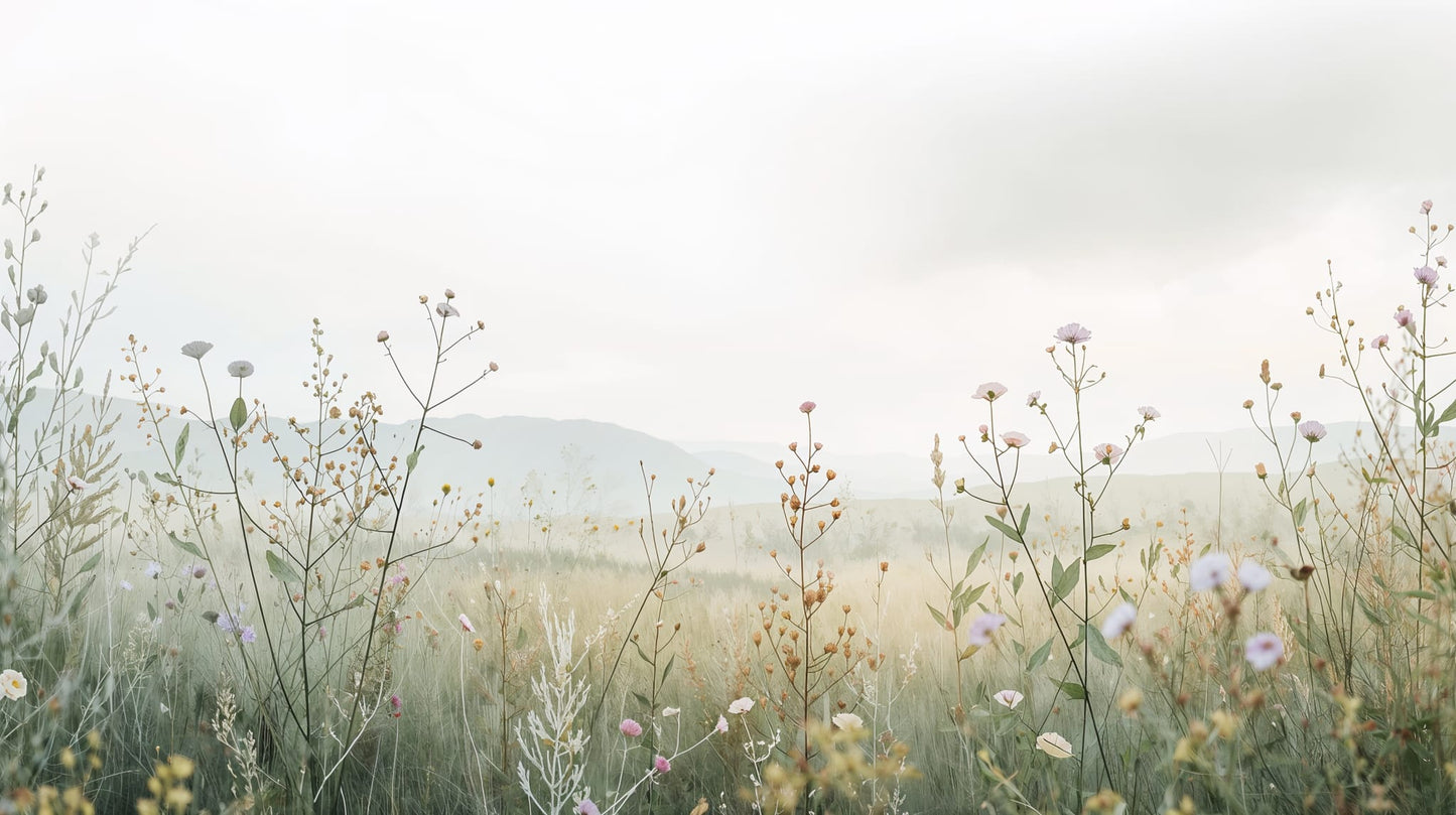 Airy painterly Ivory wildflower meadow featuring misty mountains and meadow grasses - Wall Mural & Peel and Stick Wallpaper for Watercolor Interiors and Premium Home Styling
