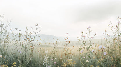 Airy painterly Ivory wildflower meadow featuring misty mountains and meadow grasses - Wall Mural & Peel and Stick Wallpaper for Watercolor Interiors and Premium Home Styling