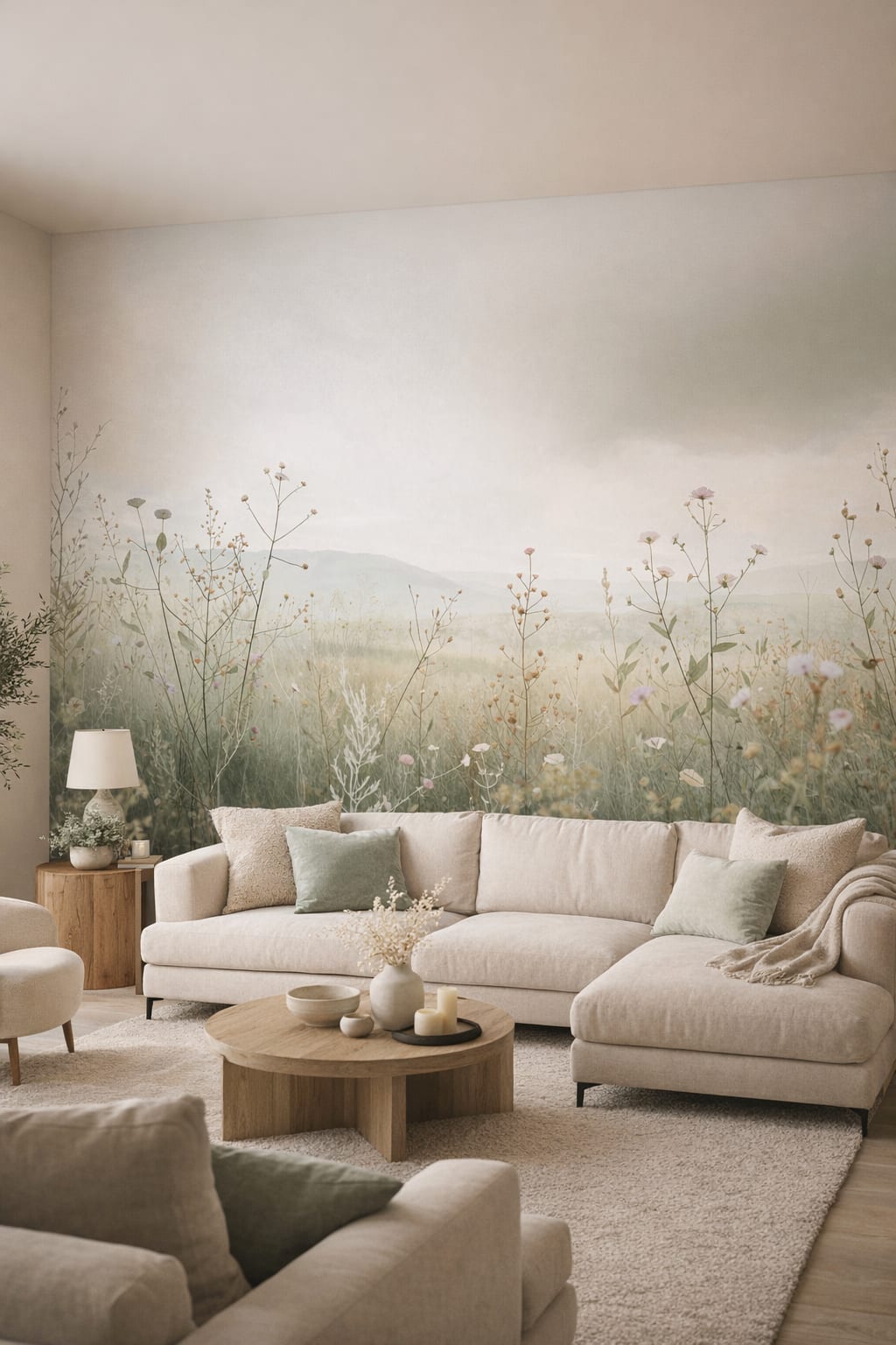 Cream Organic Modern wildflower meadow featuring misty mountains - Wall Mural Peel and Stick Wallpaper for Organic Modern Living Room.