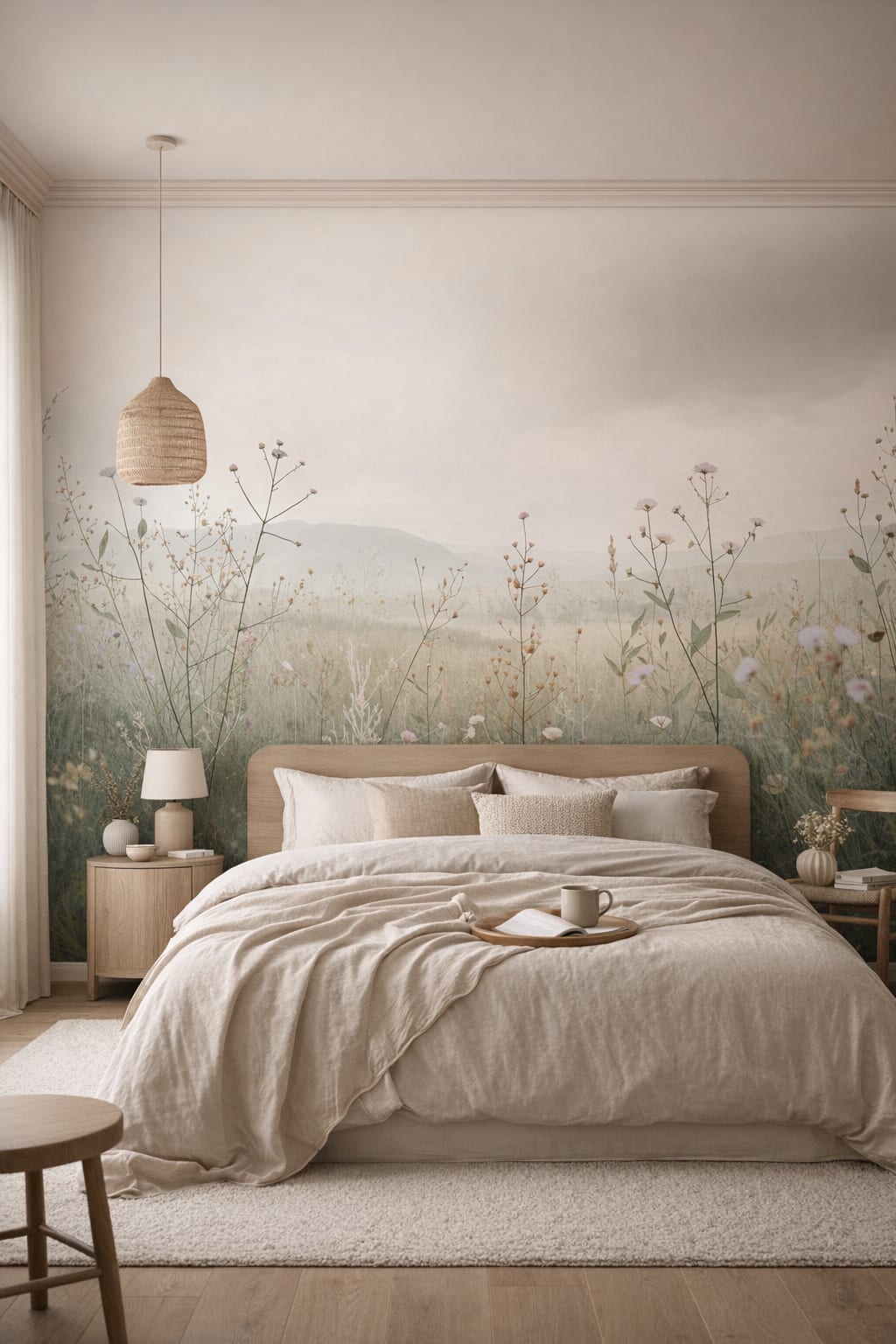 Japandi sand-toned wildflower meadow featuring misty mountains - Wall Mural Peel and Stick Wallpaper for Japandi Master Bedroom.