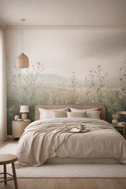 Japandi sand-toned wildflower meadow featuring misty mountains - Wall Mural Peel and Stick Wallpaper for Japandi Master Bedroom.