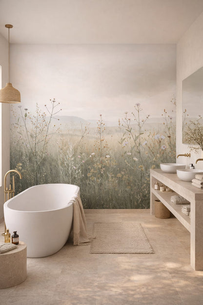 Mediterranean sand-toned wildflower meadow featuring misty mountains - Wall Mural Peel and Stick Wallpaper for Mediterranean Modern Luxury Bathroom.