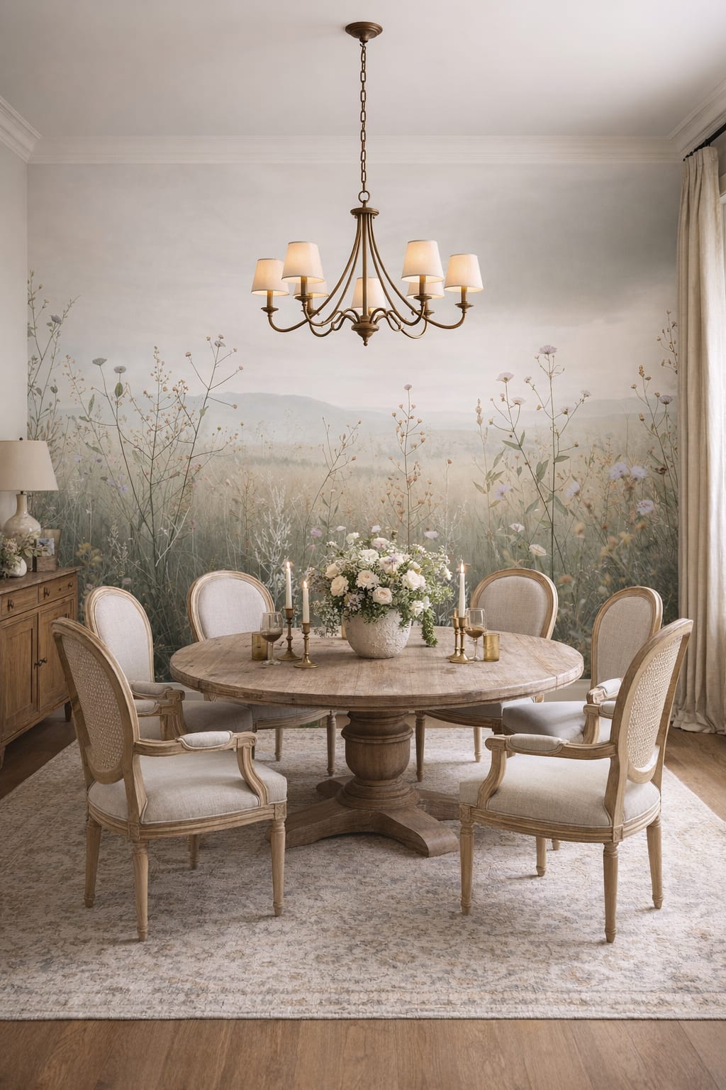 Sage beige wildflower meadow featuring misty mountains - Wall Mural Peel and Stick Wallpaper for French Country Formal Dining Room.
