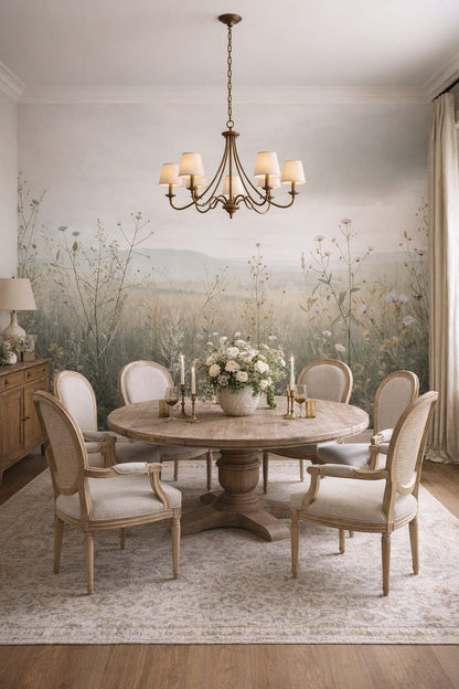 Sage beige wildflower meadow featuring misty mountains - Wall Mural Peel and Stick Wallpaper for French Country Formal Dining Room.