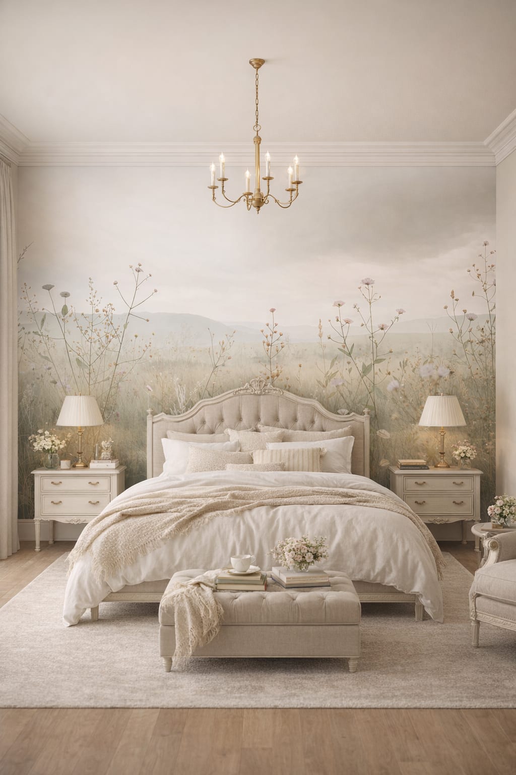 Gustavian bluish-gray wildflower meadow featuring misty mountains - Wall Mural Peel and Stick Wallpaper for Gustavian (Swedish) Guest Bedroom.