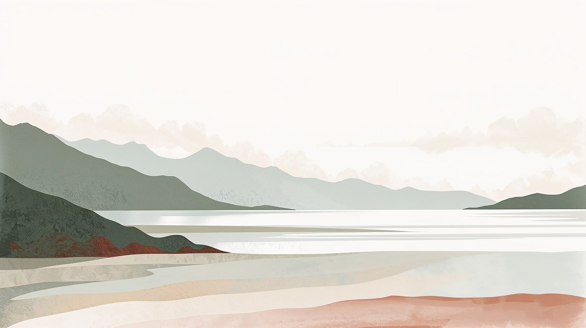 Atmospheric Painterly Ivory mountain landscape featuring lake and shoreline - Wall Mural & Peel and Stick Wallpaper for Painterly Interiors and Premium Home Styling
