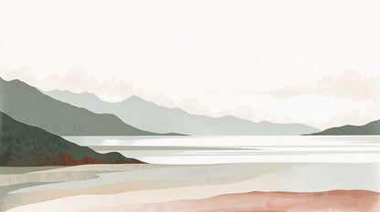 Atmospheric Painterly Ivory mountain landscape featuring lake and shoreline - Wall Mural & Peel and Stick Wallpaper for Painterly Interiors and Premium Home Styling