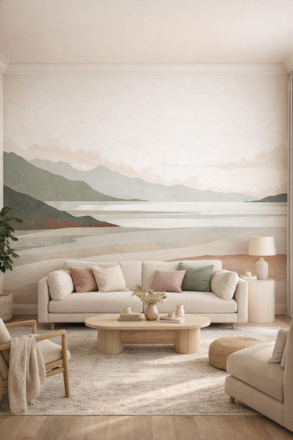 Organic Modern cream mountain landscape featuring lake - Wall Mural Peel and Stick Wallpaper for Organic Modern Living Room.