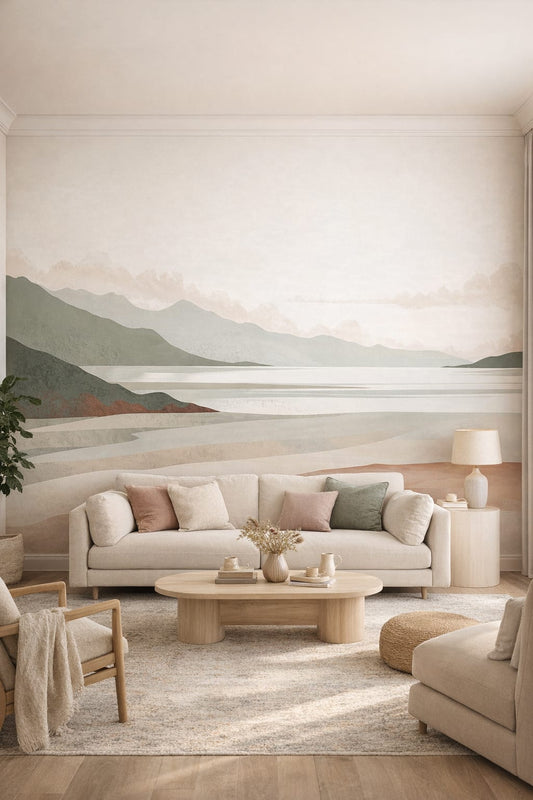 Organic Modern cream mountain landscape featuring lake - Wall Mural Peel and Stick Wallpaper for Organic Modern Living Room.