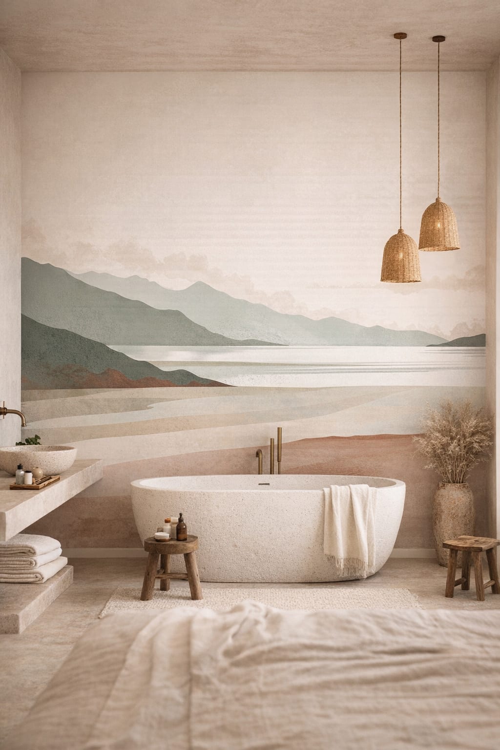 Wabi-sabi earth-toned mountain landscape featuring lake - Wall Mural Peel and Stick Wallpaper for Wabi-sabi Luxury Bathroom.