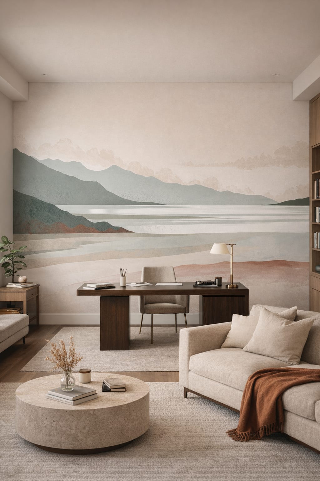 Refined greige mountain landscape featuring lake - Wall Mural Peel and Stick Wallpaper for Quiet Luxury Executive Home Office.