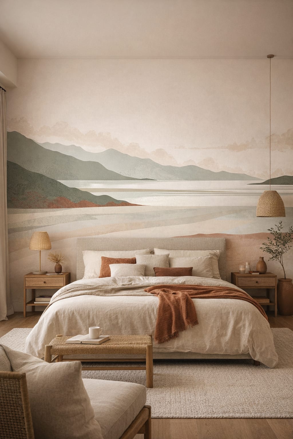 Sand-toned modern mountain landscape featuring lake - Wall Mural Peel and Stick Wallpaper for Mediterranean Modern Master Bedroom.