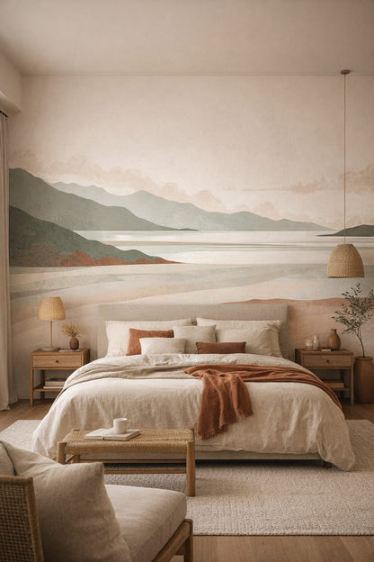 Sand-toned modern mountain landscape featuring lake - Wall Mural Peel and Stick Wallpaper for Mediterranean Modern Master Bedroom.