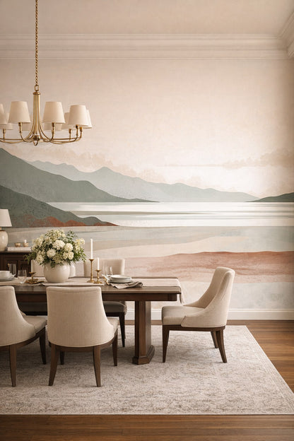 Modern Classic cream-toned mountain landscape featuring lake - Wall Mural Peel and Stick Wallpaper for Modern Classic Formal Dining Room.
