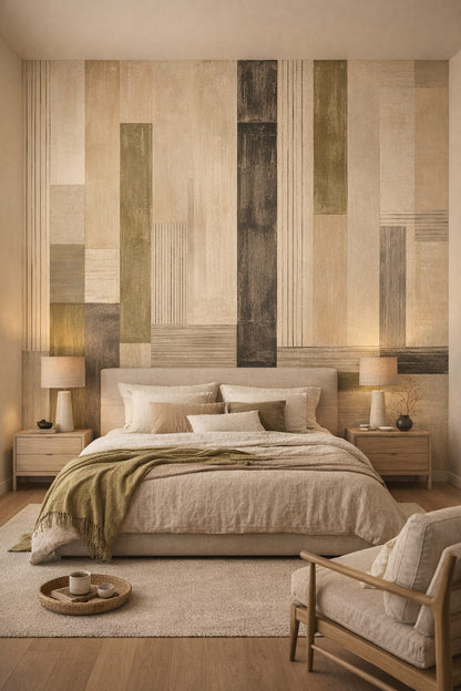 Sand charcoal geometric blocks - Wall Mural Peel and Stick Wallpaper for Japandi Master Bedroom.