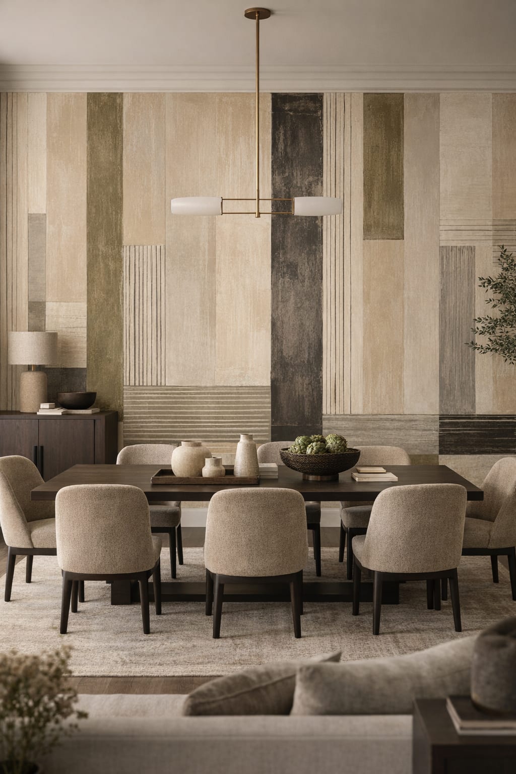 Greige Quiet Luxury geometric blocks - Wall Mural Peel and Stick Wallpaper for Quiet Luxury Formal Dining Room.