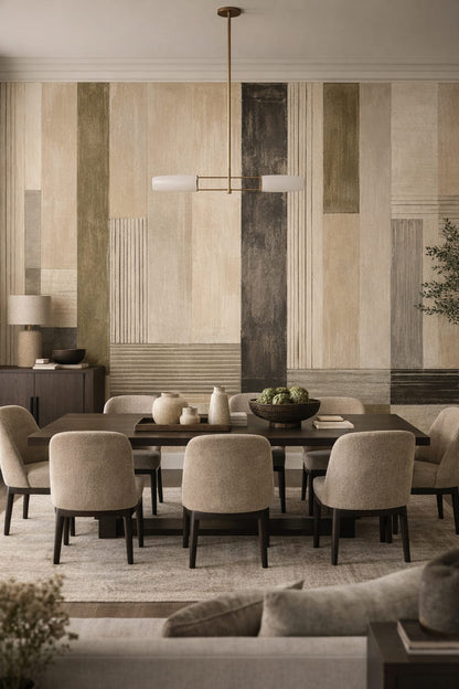 Greige Quiet Luxury geometric blocks - Wall Mural Peel and Stick Wallpaper for Quiet Luxury Formal Dining Room.