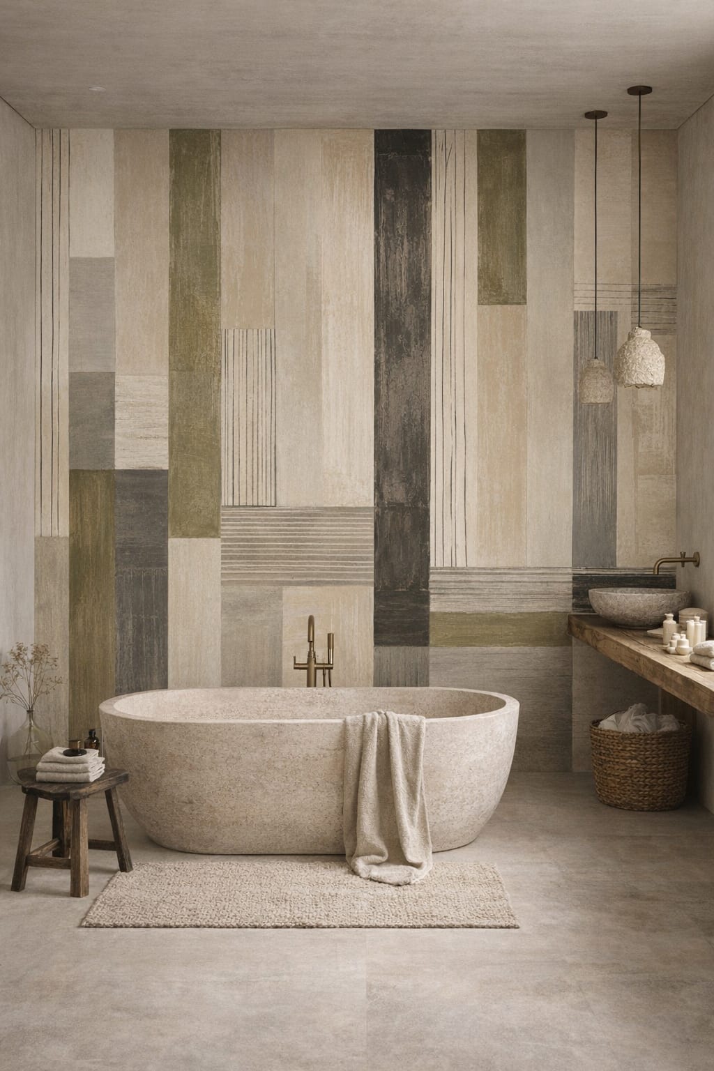 Wabi-sabi muted earth-tone geometric blocks - Wall Mural Peel and Stick Wallpaper for Wabi-sabi Luxury Bathroom.