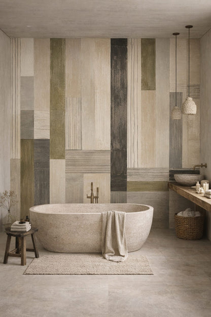 Wabi-sabi muted earth-tone geometric blocks - Wall Mural Peel and Stick Wallpaper for Wabi-sabi Luxury Bathroom.