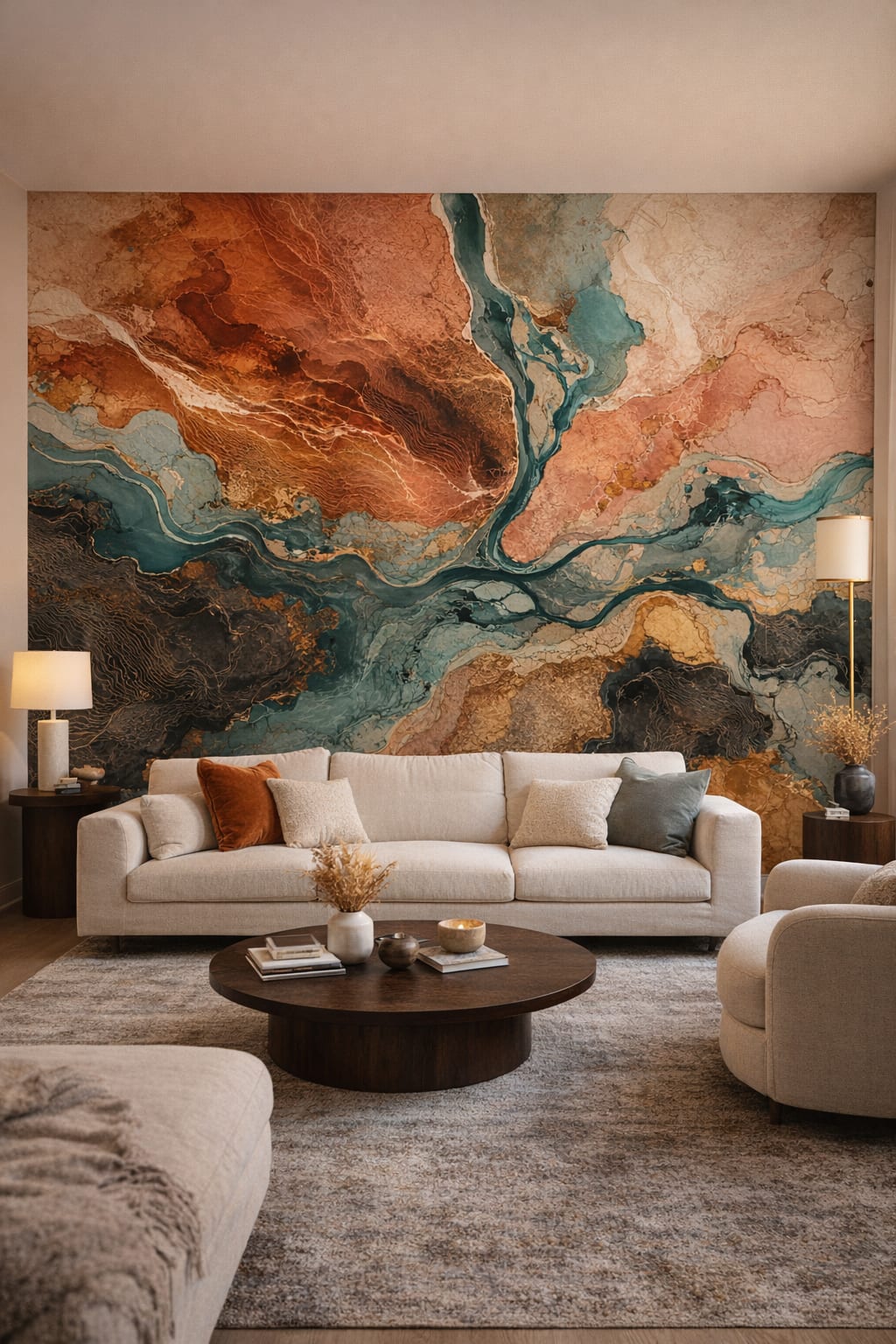 Luxury Contemporary neutral stone abstract fluid art - Wall Mural Peel and Stick Wallpaper for Luxury Contemporary Living Room.