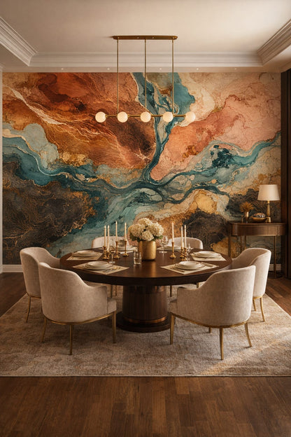 Emerald Art Deco abstract fluid art - Wall Mural Peel and Stick Wallpaper for Art Deco Formal Dining Room.