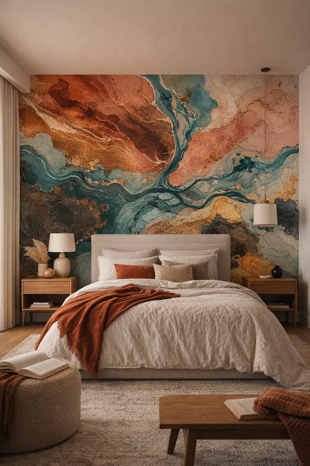 Organic Modern cream abstract fluid art - Wall Mural Peel and Stick Wallpaper for Organic Modern Master Bedroom.