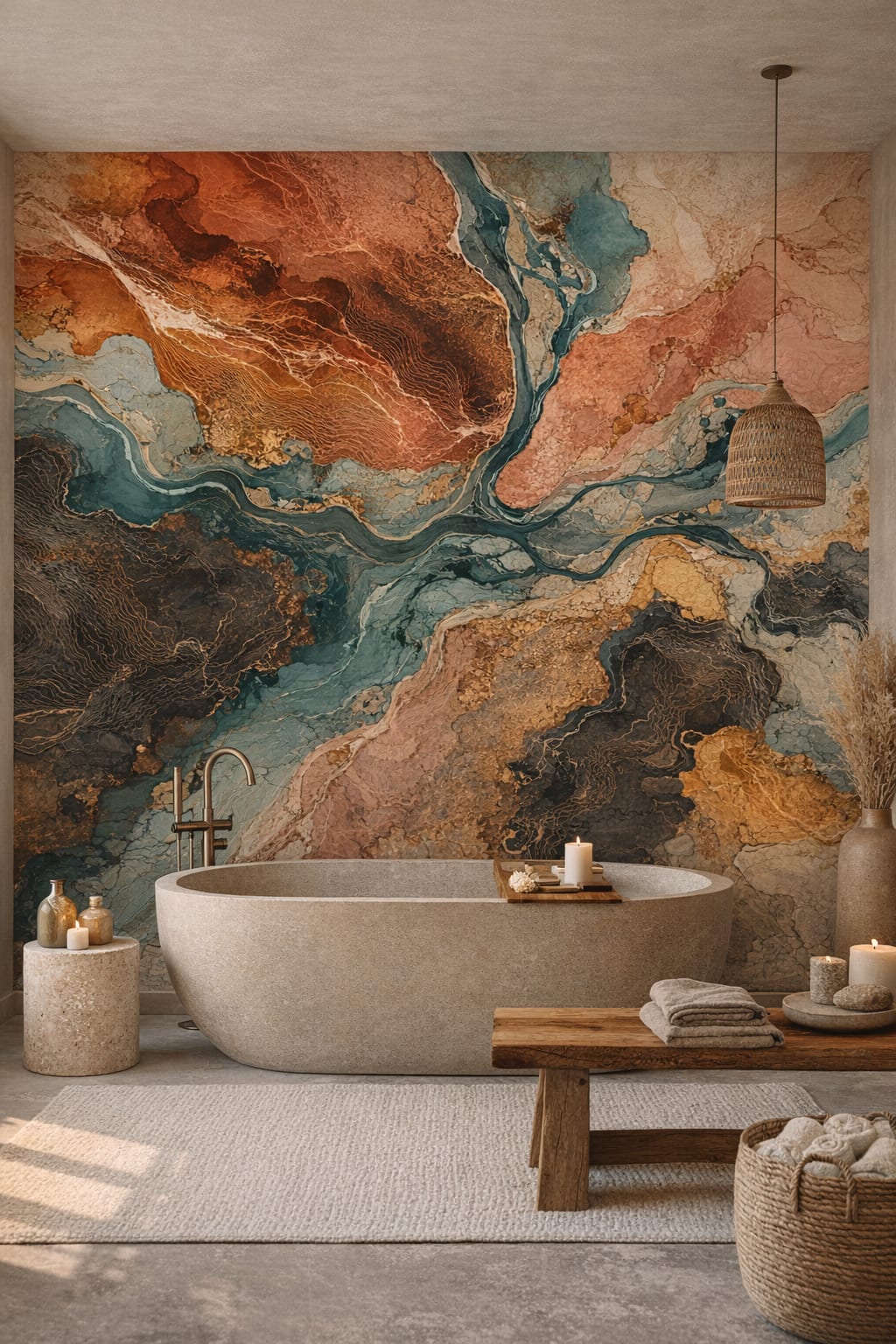 Wabi-sabi earth-tone abstract fluid art - Wall Mural Peel and Stick Wallpaper for Wabi-sabi Luxury Bathroom.