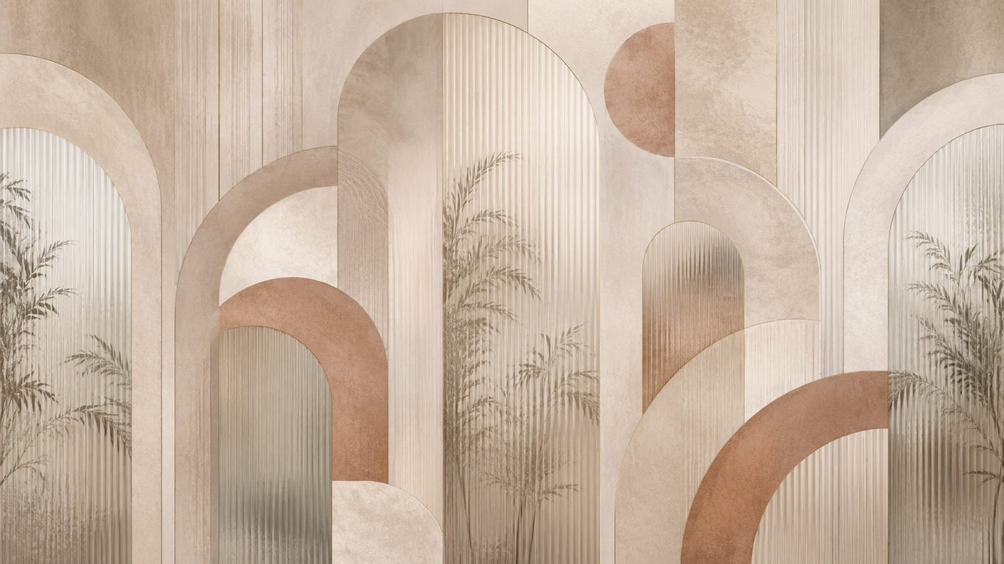 Architectural textural Beige geometric arches featuring palm silhouettes and fluted texture - Wall Mural & Peel and Stick Wallpaper for Geometric Interiors and Premium Home Styling