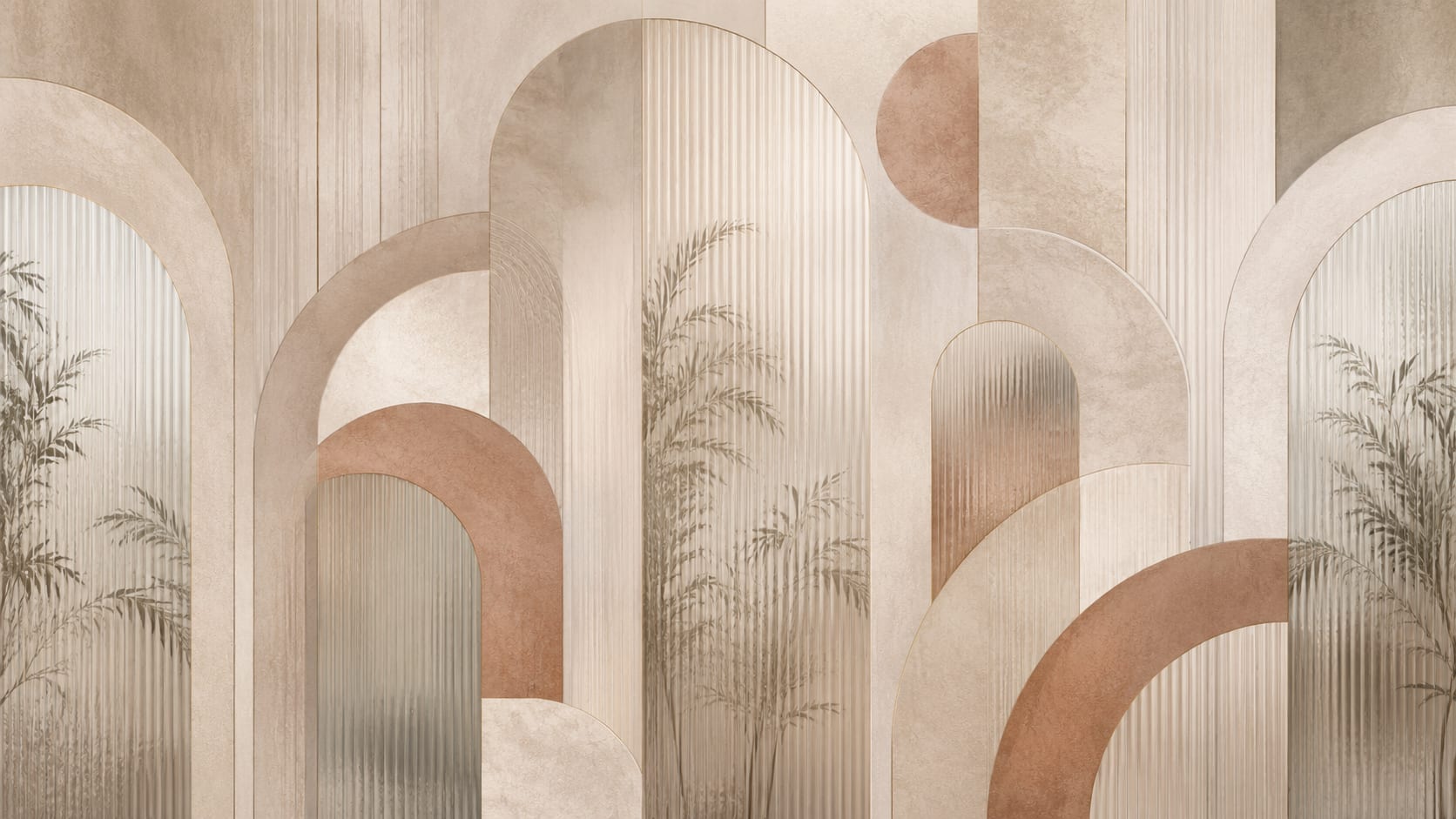 Architectural textural Beige geometric arches featuring palm silhouettes and fluted texture - Wall Mural & Peel and Stick Wallpaper for Geometric Interiors and Premium Home Styling