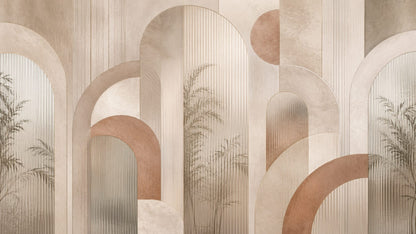 Architectural textural Beige geometric arches featuring palm silhouettes and fluted texture - Wall Mural & Peel and Stick Wallpaper for Geometric Interiors and Premium Home Styling