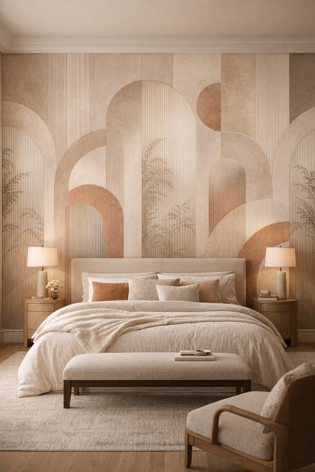 Greige refined geometric arches featuring palm silhouettes - Wall Mural Peel and Stick Wallpaper for Quiet Luxury Master Bedroom.