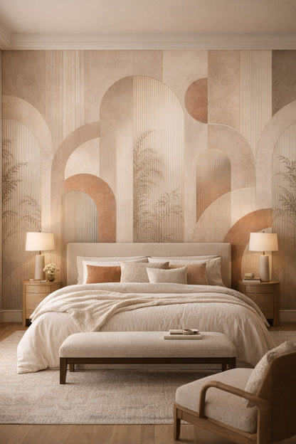 Greige refined geometric arches featuring palm silhouettes - Wall Mural Peel and Stick Wallpaper for Quiet Luxury Master Bedroom.