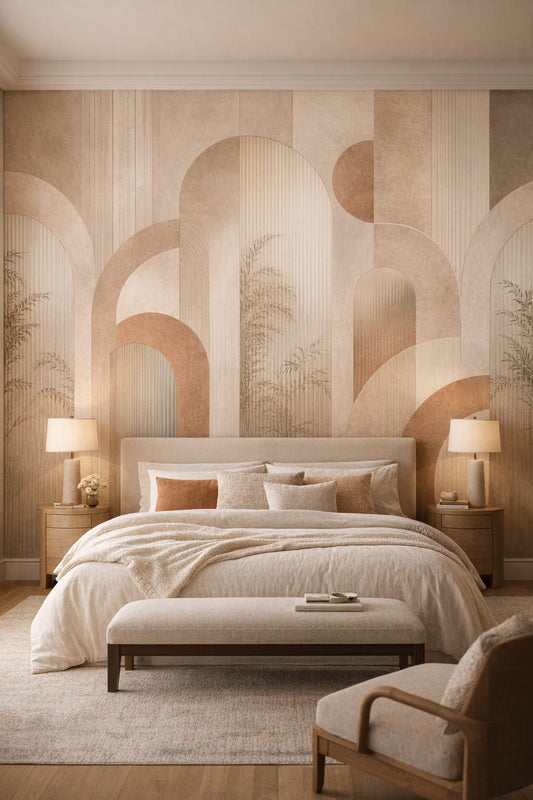 Greige refined geometric arches featuring palm silhouettes - Wall Mural Peel and Stick Wallpaper for Quiet Luxury Master Bedroom.