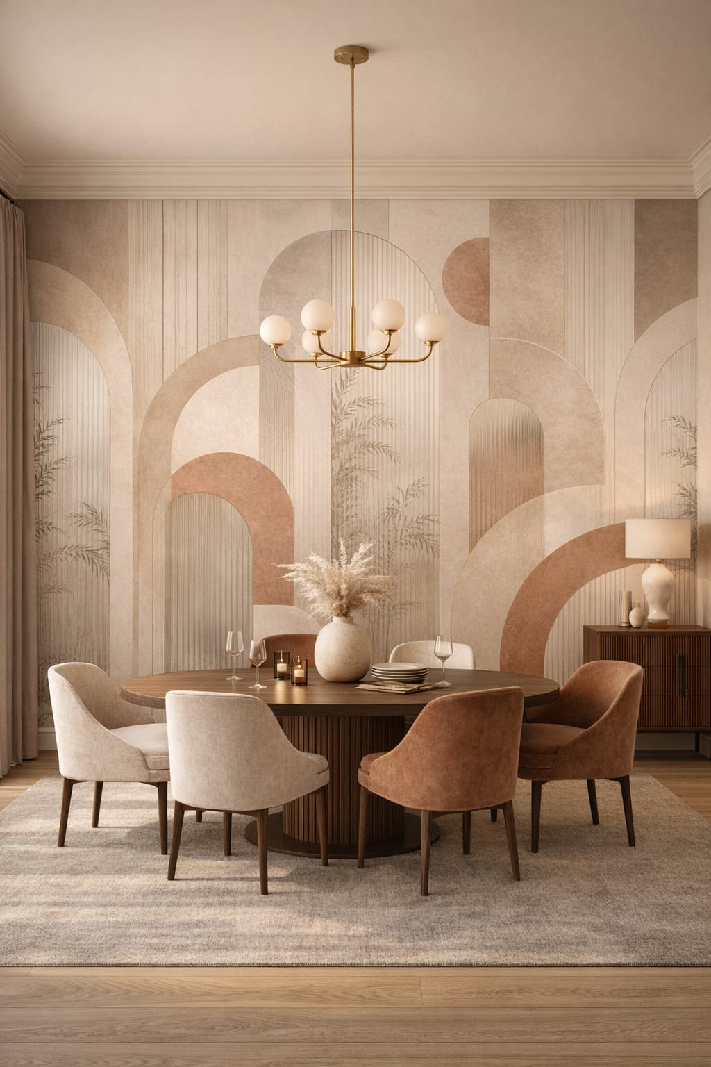 Art Deco gold geometric arches featuring fluted texture - Wall Mural Peel and Stick Wallpaper for Art Deco Formal Dining Room.