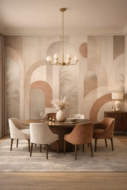 Art Deco gold geometric arches featuring fluted texture - Wall Mural Peel and Stick Wallpaper for Art Deco Formal Dining Room.