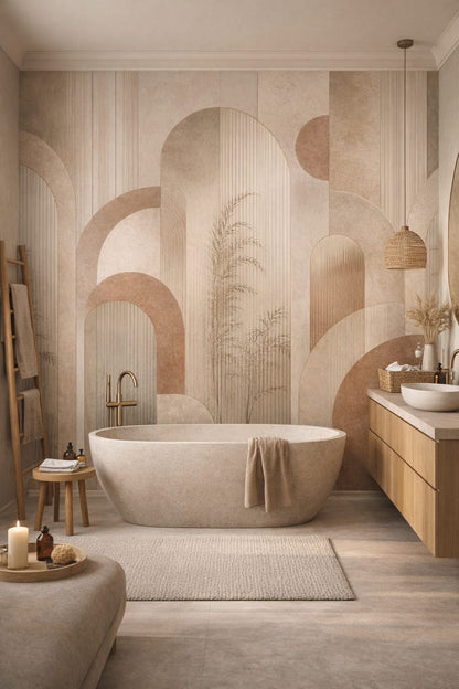 Japandi sand-toned geometric arches featuring fluted texture - Wall Mural Peel and Stick Wallpaper for Japandi Luxury Bathroom.