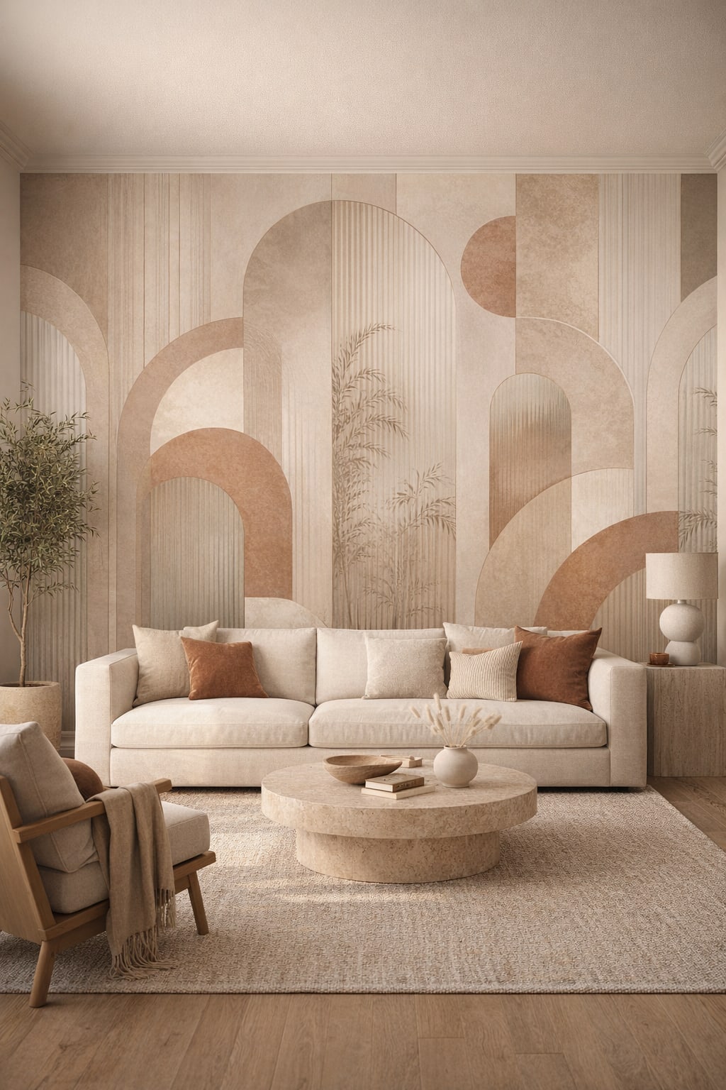 Mediterranean sand-toned geometric arches featuring fluted texture - Wall Mural Peel and Stick Wallpaper for Mediterranean Modern Living Room