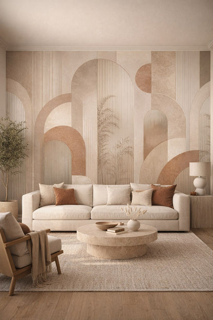 Mediterranean sand-toned geometric arches featuring fluted texture - Wall Mural Peel and Stick Wallpaper for Mediterranean Modern Living Room