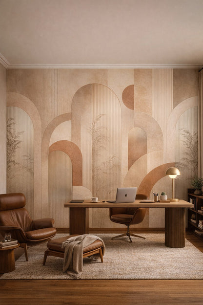 Modernist wood-tone geometric arches featuring palm silhouettes - Wall Mural Peel and Stick Wallpaper for Brazilian Modernism Executive Home Office