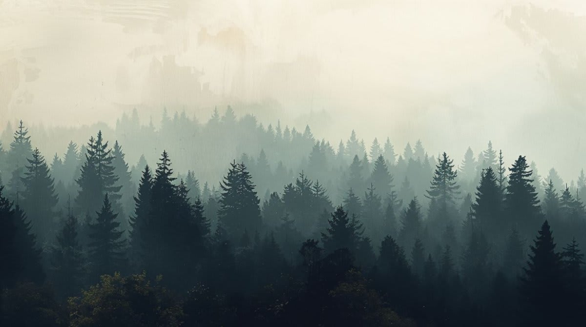 Moody atmospheric Fog Gray misty forest featuring evergreen trees and fog - Wall Mural & Peel and Stick Wallpaper for Minimalist Interiors and Premium Home Styling.