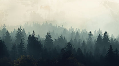 Moody atmospheric Fog Gray misty forest featuring evergreen trees and fog - Wall Mural & Peel and Stick Wallpaper for Minimalist Interiors and Premium Home Styling.