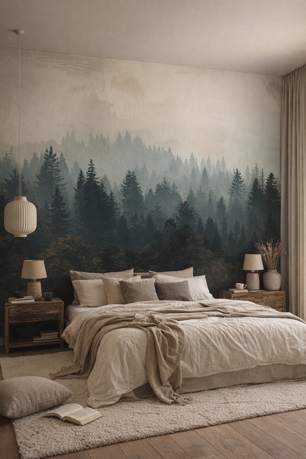 Wabi-sabi neutral-toned misty forest featuring fog - Wall Mural Peel and Stick Wallpaper for Wabi-sabi Master Bedroom.