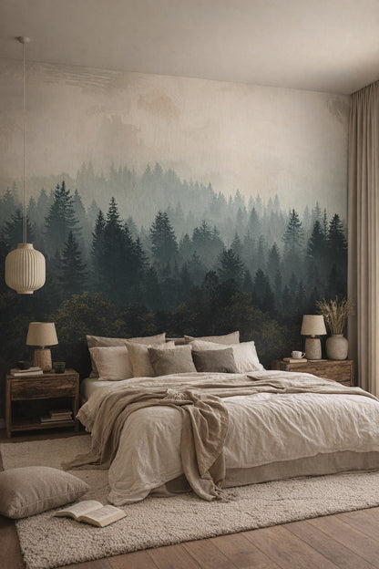 Wabi-sabi neutral-toned misty forest featuring fog - Wall Mural Peel and Stick Wallpaper for Wabi-sabi Master Bedroom.