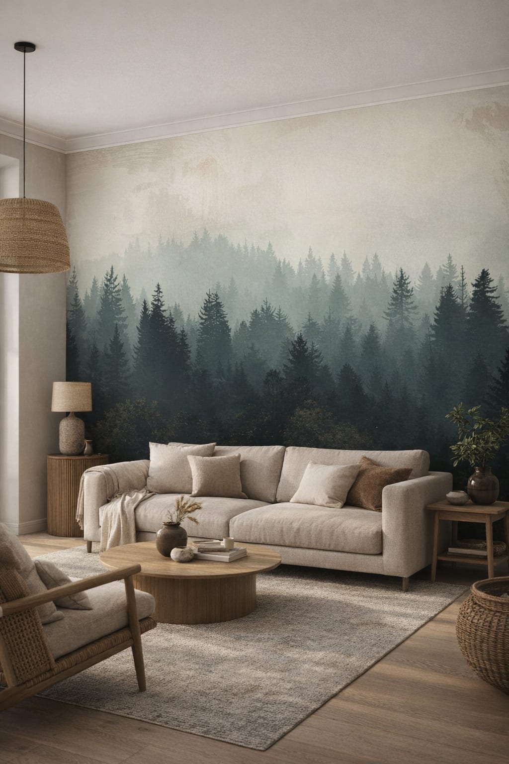 Sand-toned Japandi, charcoal-accented misty forest featuring fog - Wall Mural Peel and Stick Wallpaper for Japandi Living Room.