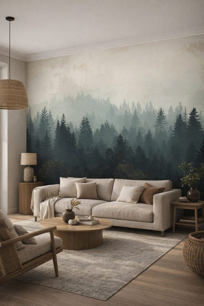 Sand-toned Japandi, charcoal-accented misty forest featuring fog - Wall Mural Peel and Stick Wallpaper for Japandi Living Room.